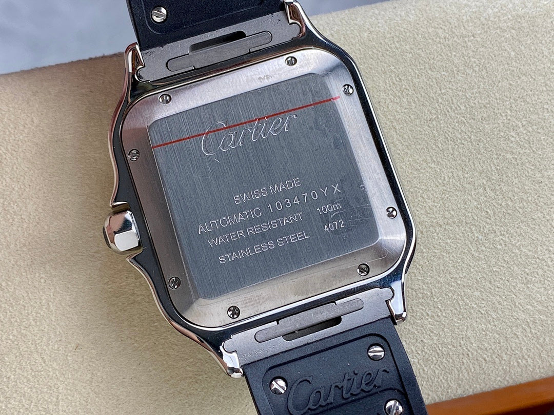 Cartier wristwatch case back with stainless steel finish and engraved markings on a black strap.
