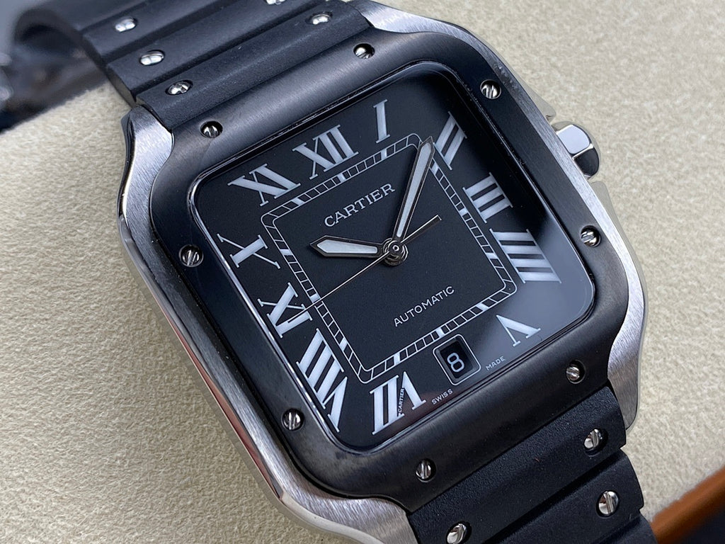 Cartier wristwatch angled front view with black dial, Roman numerals, and black metal bracelet.