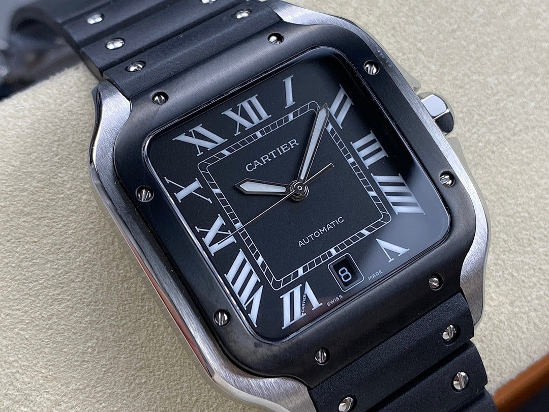 Cartier wristwatch angled front view with black dial, Roman numerals, and black metal bracelet.