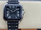 Cartier wristwatch front view with black dial, Roman numerals, and black link bracelet on tan support.