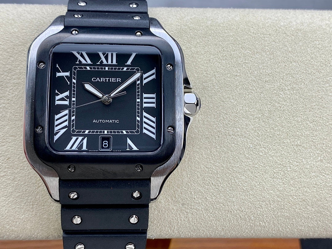 Cartier wristwatch front view with black dial, Roman numerals, and black link bracelet on tan support.