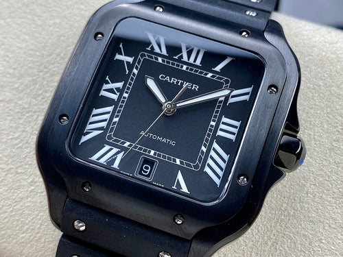Square luxury wristwatch close-up with dark bezel, Roman numerals, and automatic text