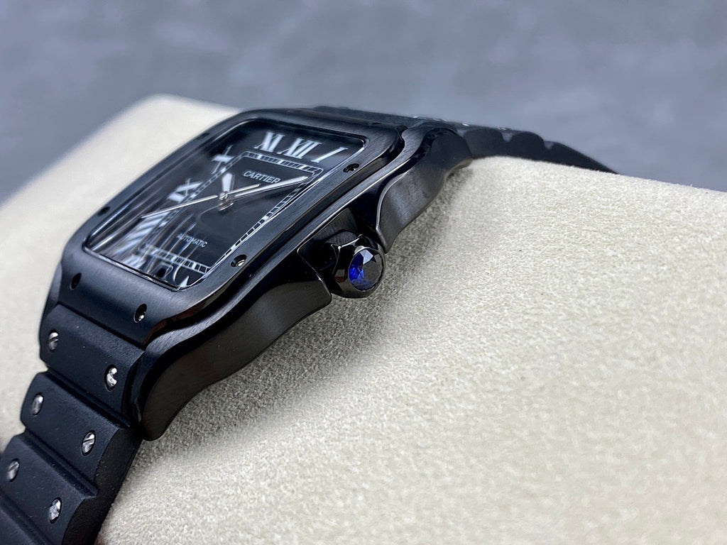 Square luxury wristwatch angled view with dark case and dark link bracelet