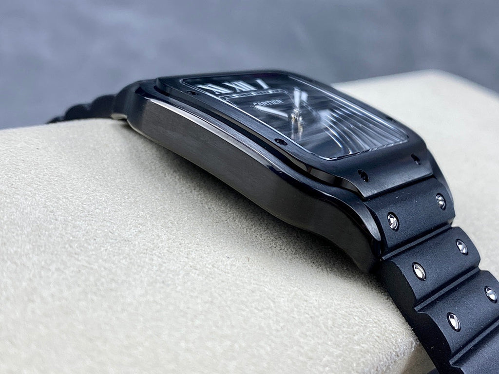 Square luxury wristwatch side view with dark strap and visible case screws