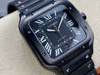 Square luxury wristwatch angled close-up with dark dial, Roman numerals, and crown