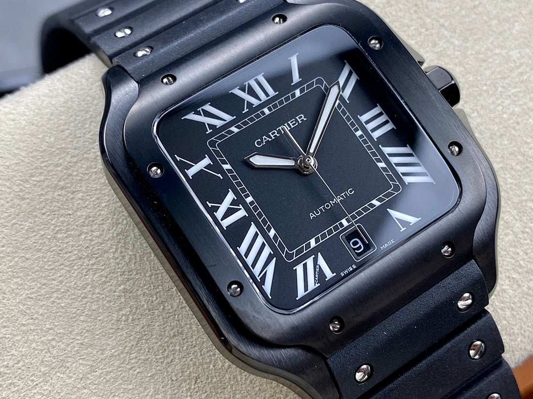 Square luxury wristwatch angled close-up with dark dial, Roman numerals, and crown