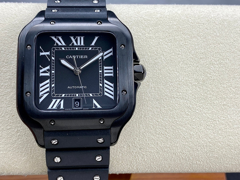Square luxury wristwatch front view with dark dial, Roman numerals, and dark bracelet