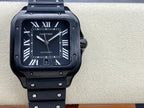 Square luxury wristwatch front view with dark dial, Roman numerals, and dark bracelet