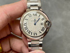 Cartier watch front view with silver case, Roman numeral dial, blue seconds hand