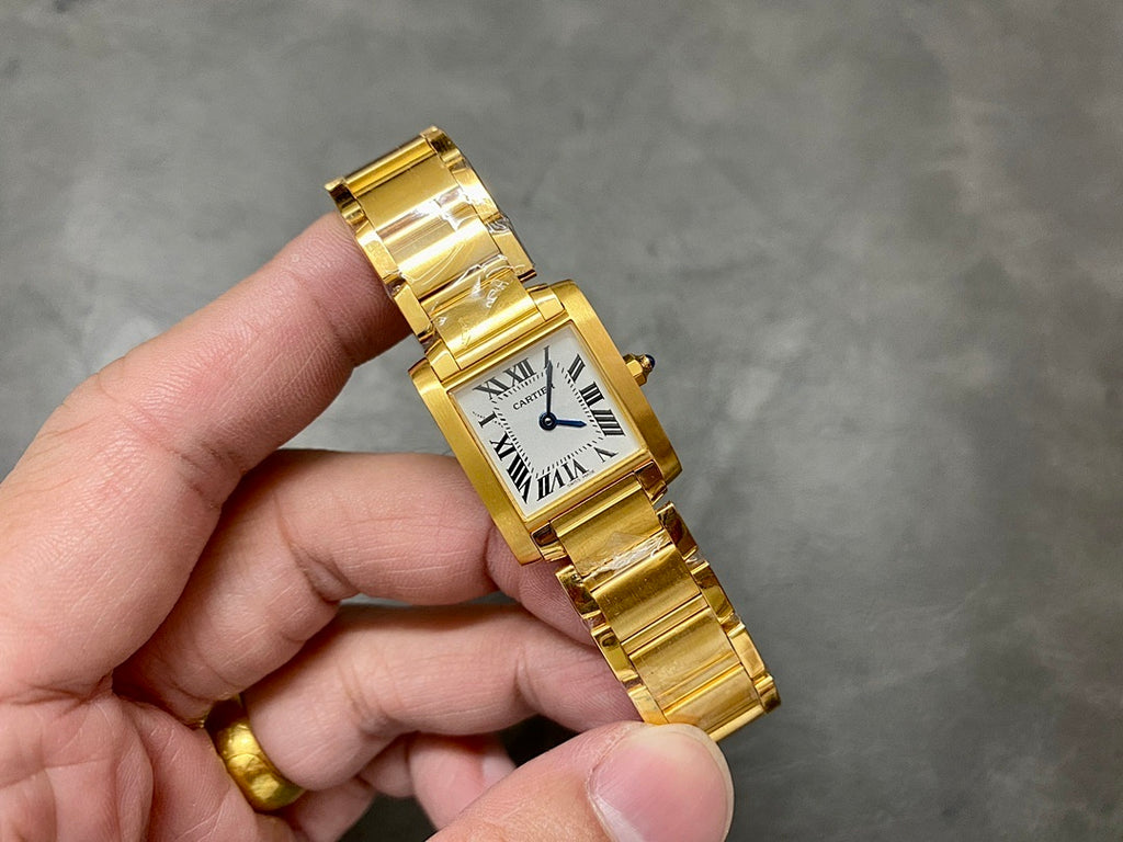 Cartier gold-tone rectangular wristwatch with Roman numeral dial and crown