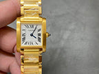 Gold-tone Cartier square-face wristwatch with Roman numerals and metal bracelet