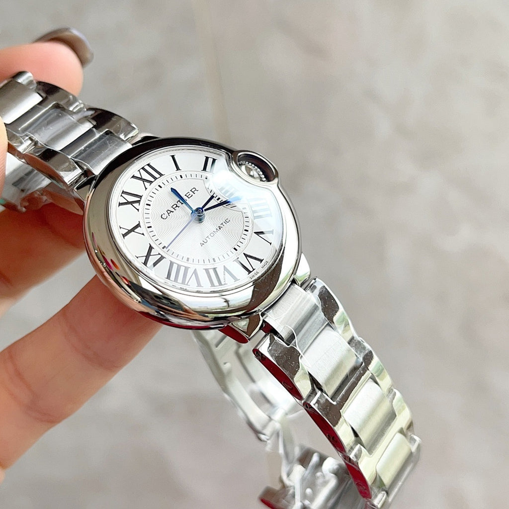 Stainless steel wristwatch with white dial, Roman numerals, and crown at side.