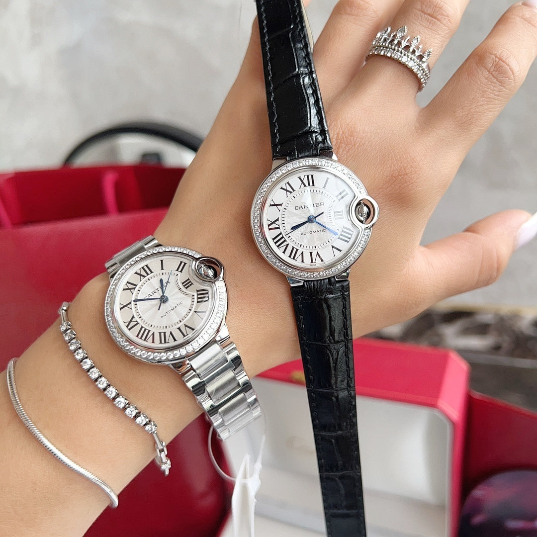 Cartier Ballon Bleu watches with black leather straps, white dials and diamond bezels