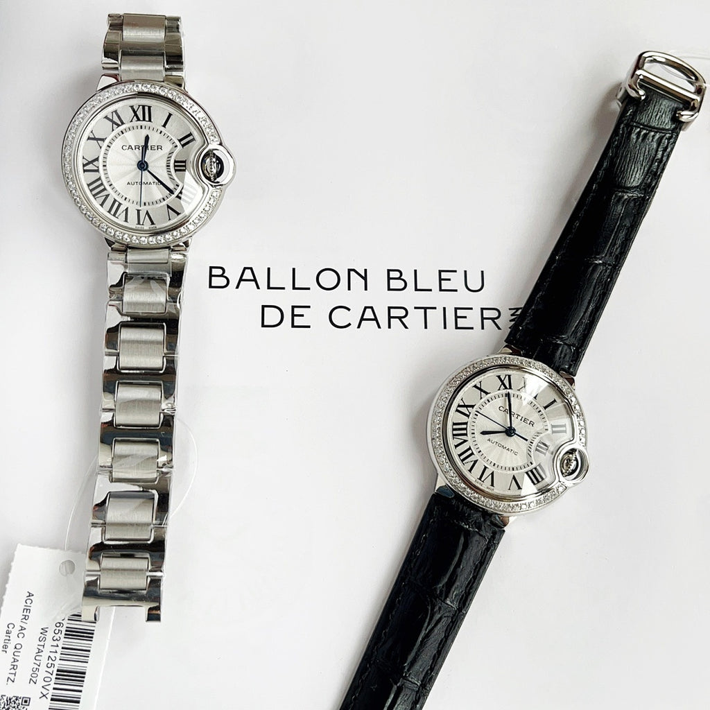 Cartier Ballon Bleu watches with black leather straps and diamond-studded bezels