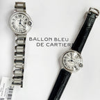 Cartier Ballon Bleu watches with black leather straps and diamond-studded bezels