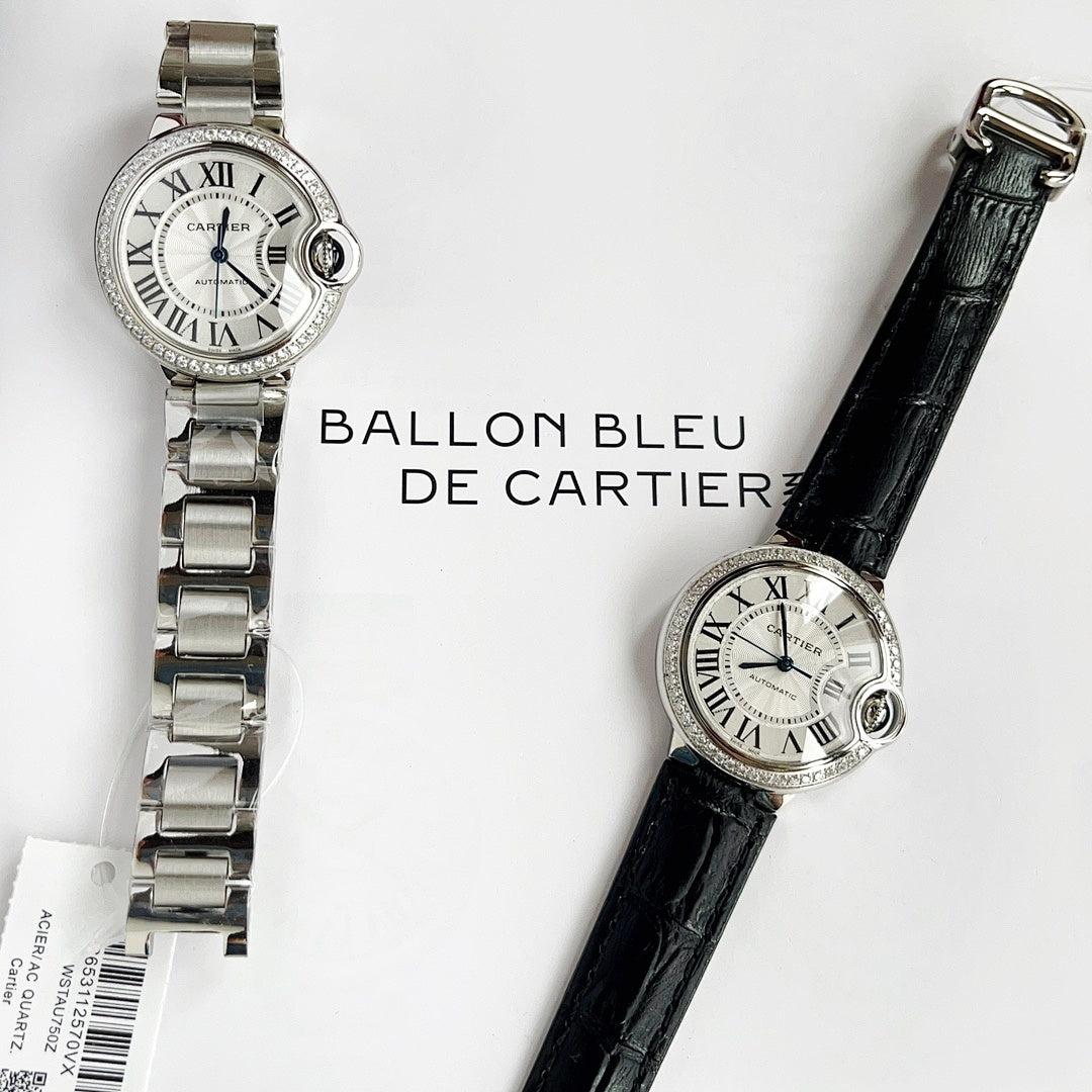Cartier Ballon Bleu watches with black leather straps and diamond-studded bezels