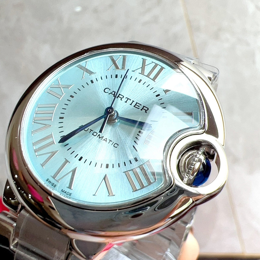 Cartier Ballon Bleu watch with light blue dial and Roman numerals, front close-up