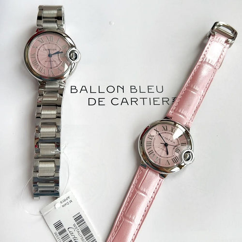 Cartier Ballon Bleu watch set: steel bracelet and pink leather strap, both with pink dials
