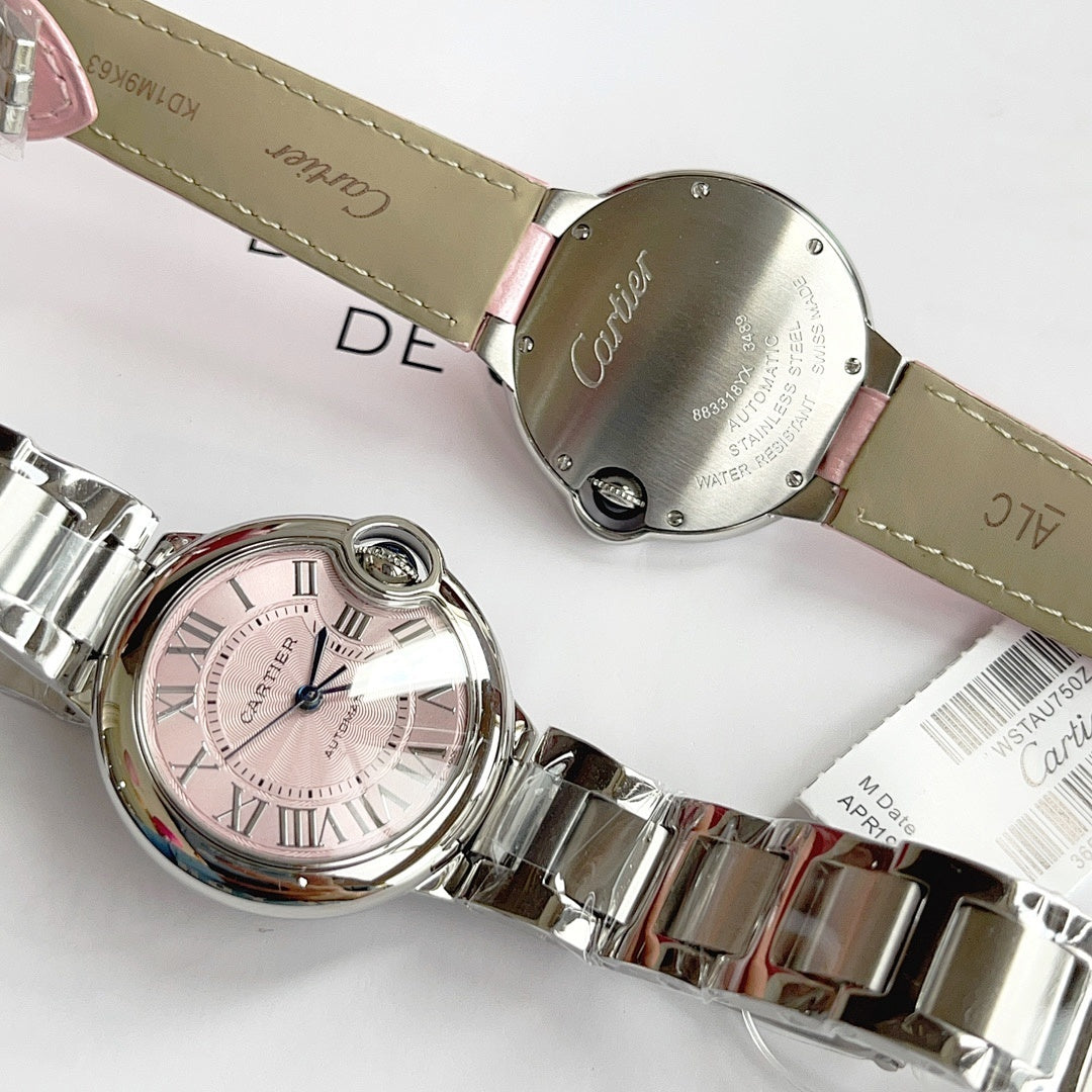 Cartier watch caseback in silver with pink leather strap, engraved metal back visible