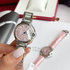 Cartier watch with steel bracelet and pink dial, round silver case and visible crown