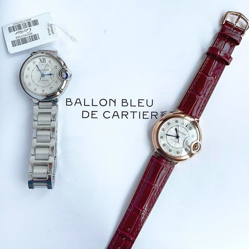 Pair of Ballon Bleu watches with silver dials: one on steel bracelet, one on red leather strap