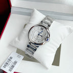 Stainless steel Ballon Bleu wristwatch in a gift box, silver dial with blue hands