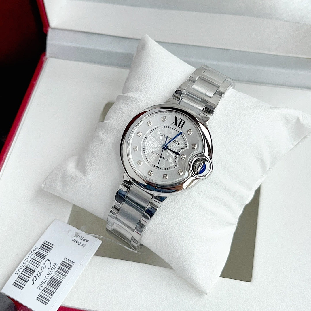Stainless steel Ballon Bleu wristwatch in a gift box, silver dial with blue hands