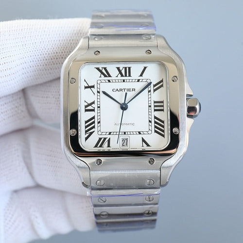 Stainless steel wristwatch with white dial, Roman numerals, and date window at 27