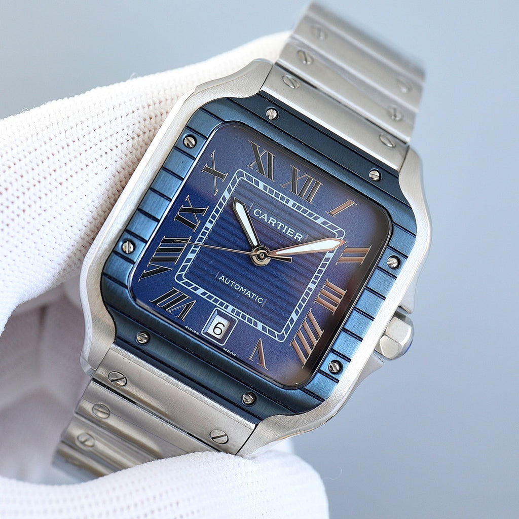 Stainless steel wristwatch with blue dial, Roman numerals, and date window at 6