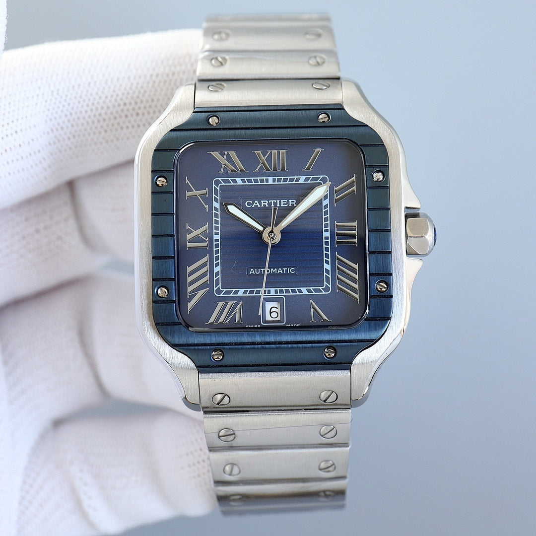 Stainless steel wristwatch with blue dial, Roman numerals, and date window at 16