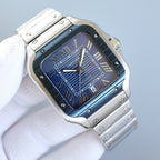 Stainless steel wristwatch with angled blue dial, Roman numerals, and date window at 6