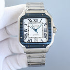 Stainless steel wristwatch with white dial, Roman numerals, and date window at 5
