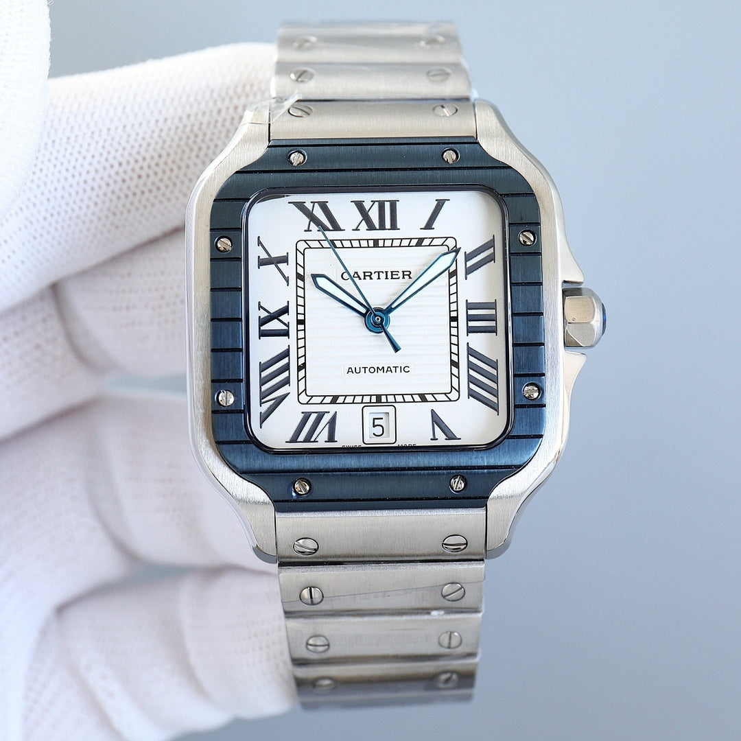 Stainless steel wristwatch with white dial, Roman numerals, and date window at 5