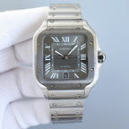 Stainless steel wristwatch with dark dial, Roman numerals, and date window at 6