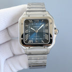Stainless steel wristwatch with blue dial, Roman numerals, and date window at 25