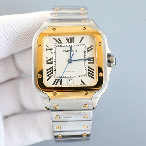 Two-tone Cartier watch with white dial, Roman numerals, and gold bezel on bracelet