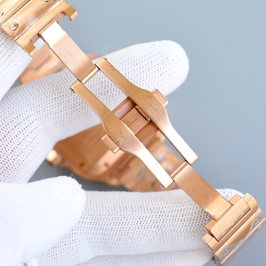 Two-tone watch bracelet links with hinged clasp, rose-gold and silver finish