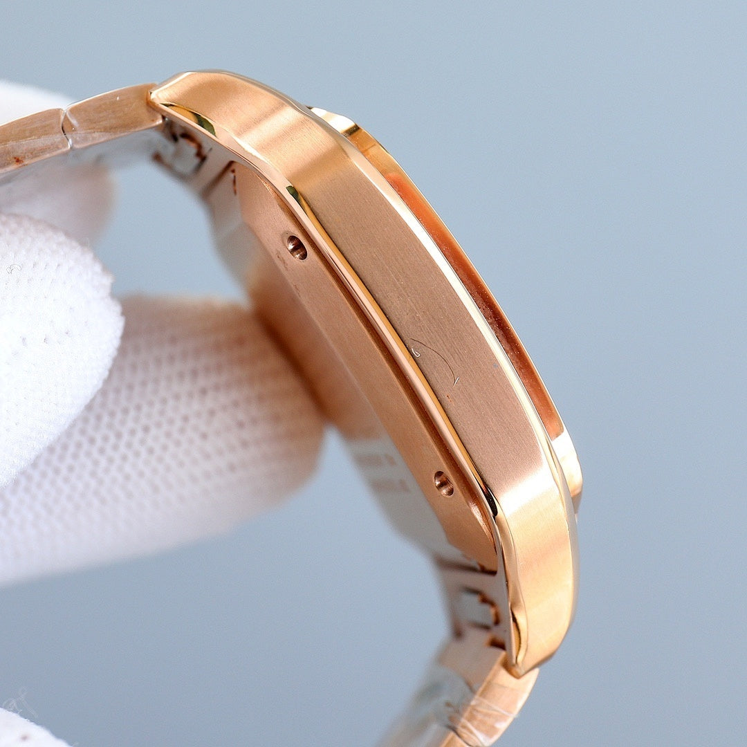 Two-tone watch case profile with ridged bezel and gold-toned side details