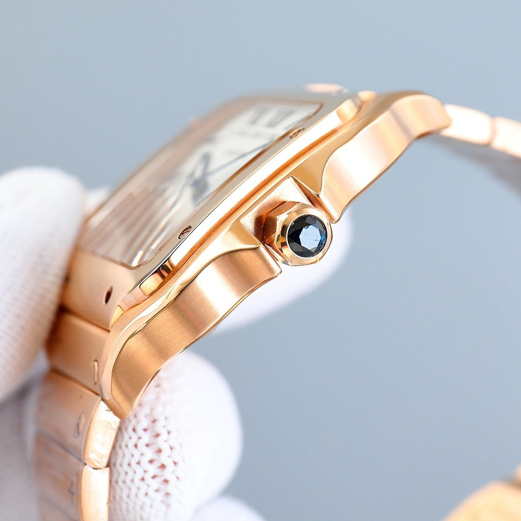 Two-tone watch crown detail with blue gem set on the case side
