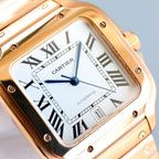 Two-tone Cartier watch face with Roman numerals, blue hands, and date window