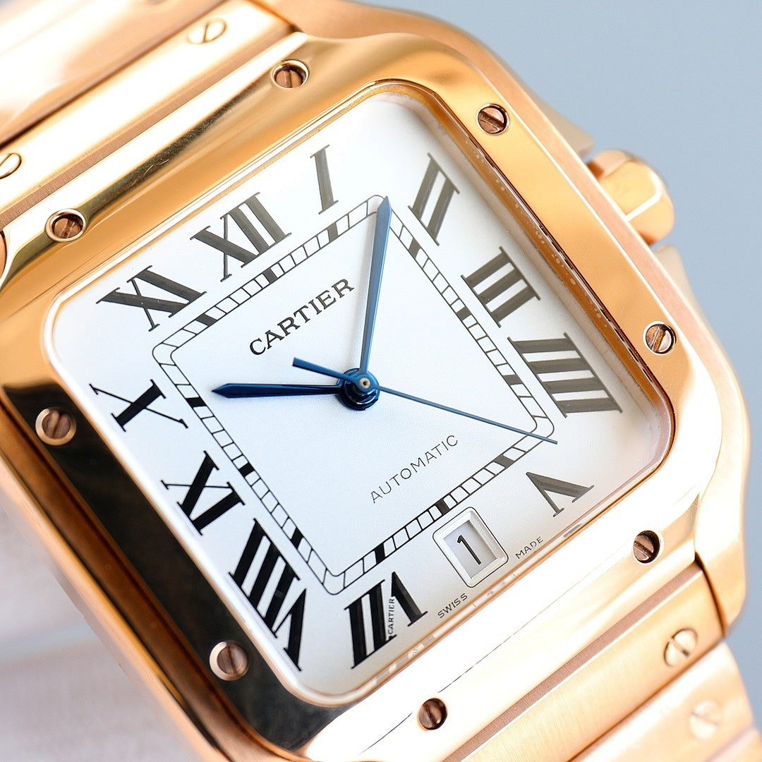 Two-tone Cartier watch face with Roman numerals, blue hands, and date window