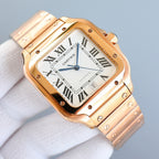 Two-tone Cartier watch with white dial, black Roman numerals, and integrated bracelet