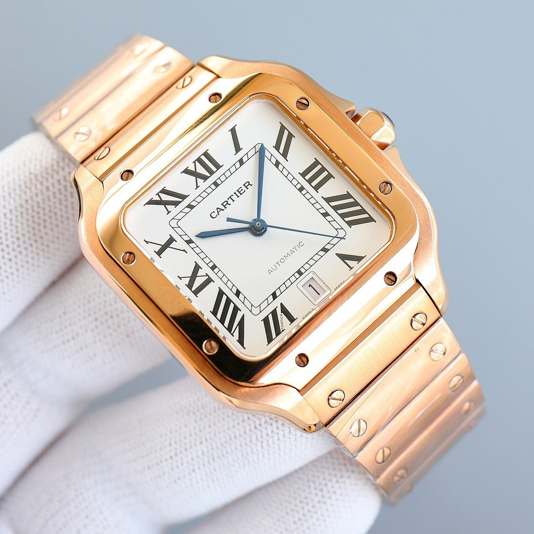 Two-tone Cartier watch with white dial, black Roman numerals, and integrated bracelet