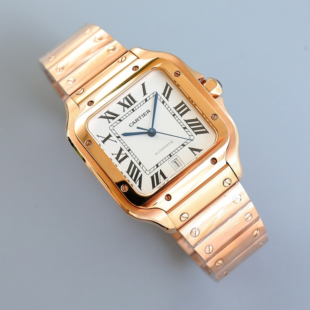 Two-tone Cartier watch with white dial and Roman numerals, angled view on bracelet