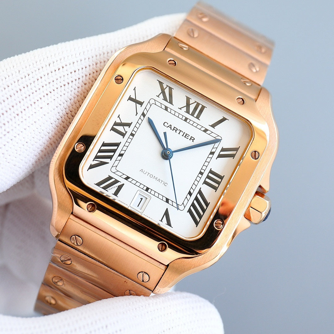 Two-tone Cartier watch with white Roman-numeral dial and gold-toned bezel