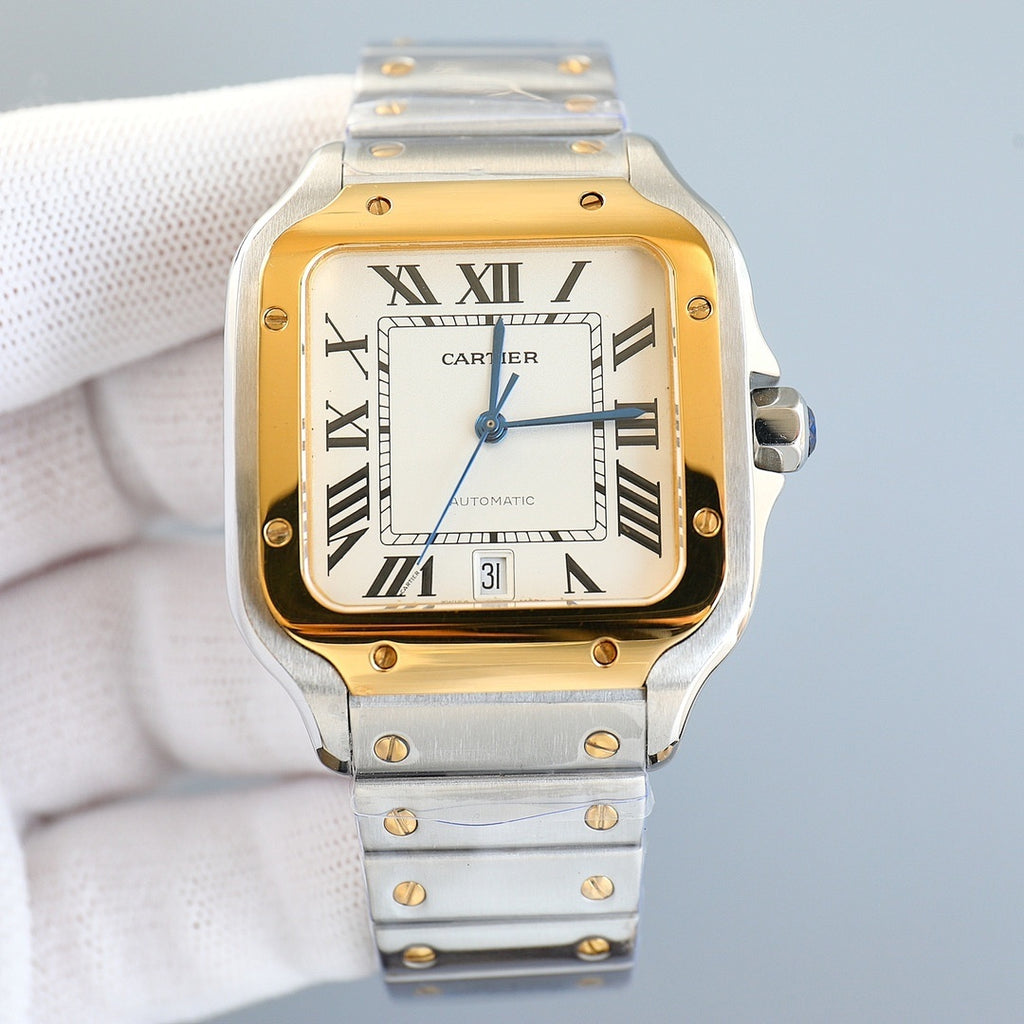 Two-tone Cartier watch front view with white dial, Roman numerals, and gold frame
