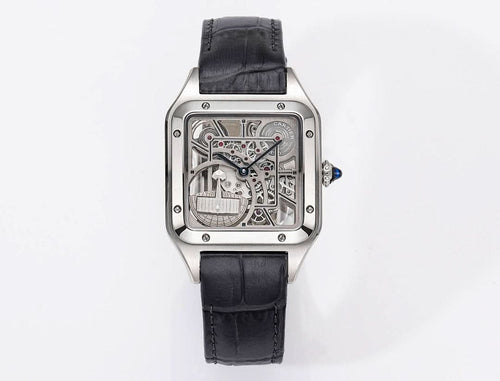 Cartier skeleton watch with silver case and black leather strap, clear see-through dial