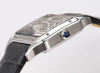 Cartier skeleton watch angled view, brushed silver case, see-through dial, black leather band