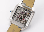 Cartier skeleton watch rear view with exposed movement through open frame, black leather strap