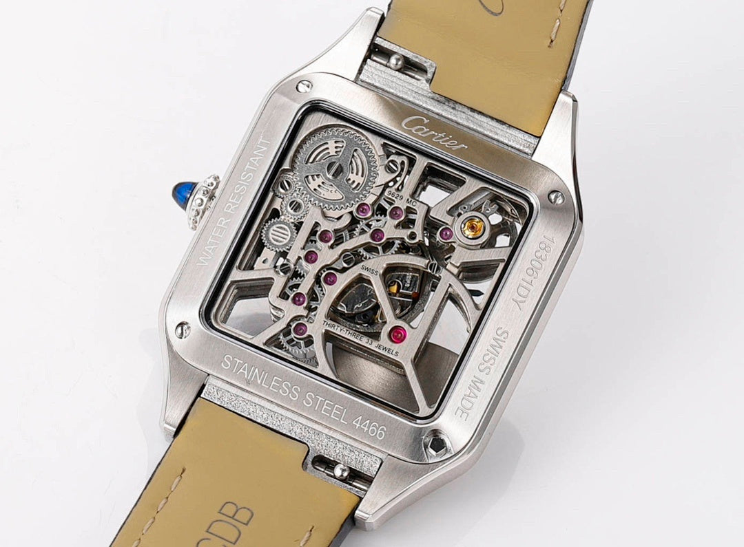 Cartier skeleton watch rear view with exposed movement through open frame, black leather strap